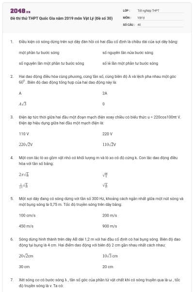 Đề thi thử THPT Quốc Gia năm 2019 môn Vật Lý (Đề số 30)