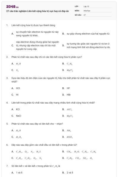 27 câu trắc nghiệm Liên kết cộng hóa trị cực hay có đáp án