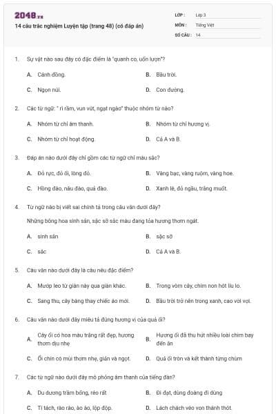 14 câu trắc nghiệm Luyện tập (trang 48) (có đáp án)