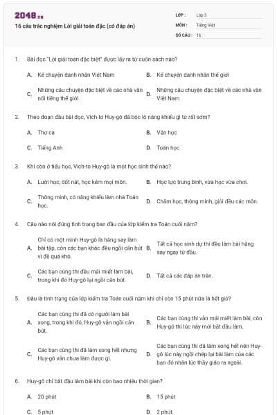 16 câu trắc nghiệm Lời giải toán đặc (có đáp án)