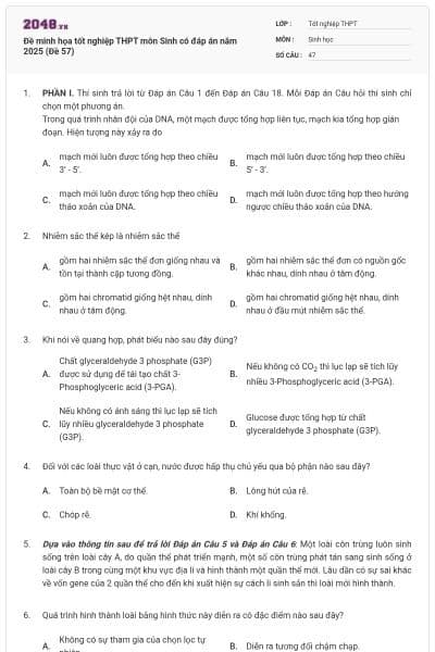 Đề minh họa tốt nghiệp THPT môn Sinh có đáp án năm 2025 (Đề 57)