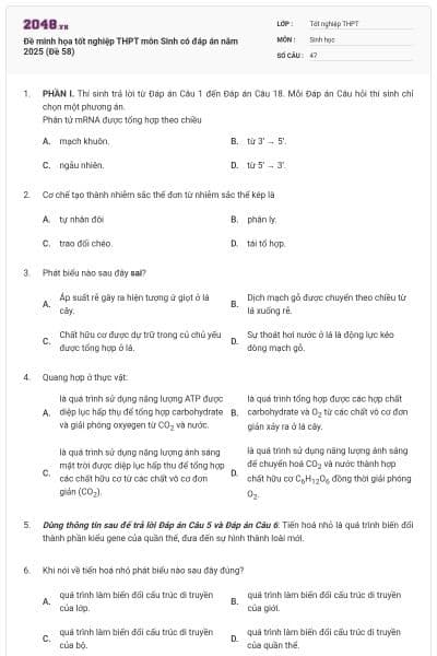 Đề minh họa tốt nghiệp THPT môn Sinh có đáp án năm 2025 (Đề 58)