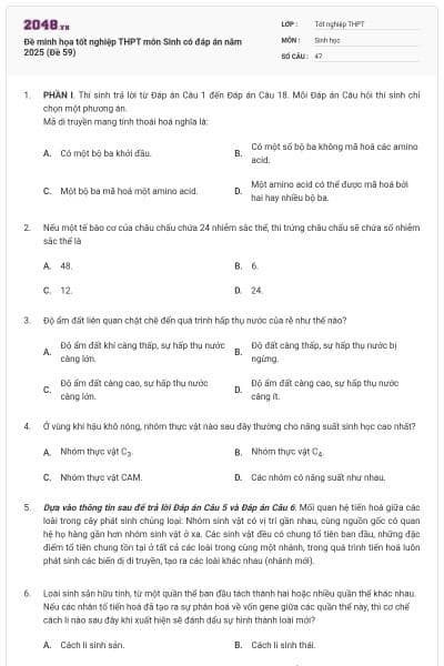 Đề minh họa tốt nghiệp THPT môn Sinh có đáp án năm 2025 (Đề 59)