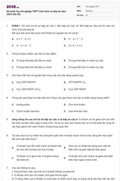 Đề minh họa tốt nghiệp THPT môn Sinh có đáp án năm 2025 (Đề 60)