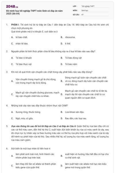 Đề minh họa tốt nghiệp THPT môn Sinh có đáp án năm 2025 (Đề 64)