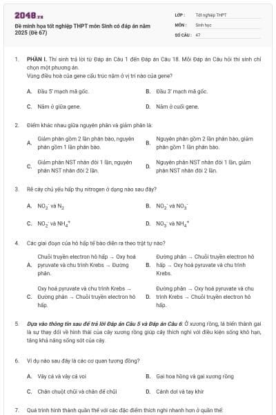 Đề minh họa tốt nghiệp THPT môn Sinh có đáp án năm 2025 (Đề 67)
