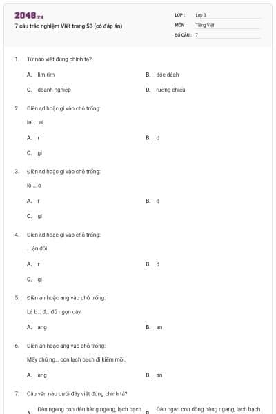 7 câu trắc nghiệm Viết trang 53 (có đáp án)