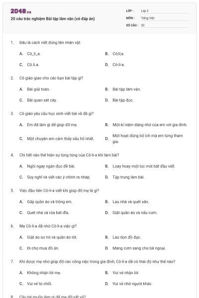 20 câu trắc nghiệm Bài tập làm văn (có đáp án)