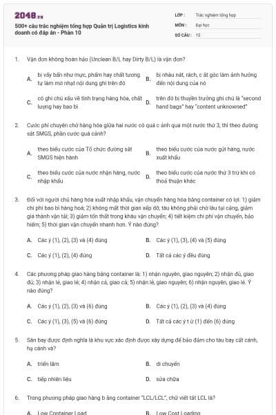 500+ câu trắc nghiệm tổng hợp Quản trị Logistics kinh doanh có đáp án - Phần 10