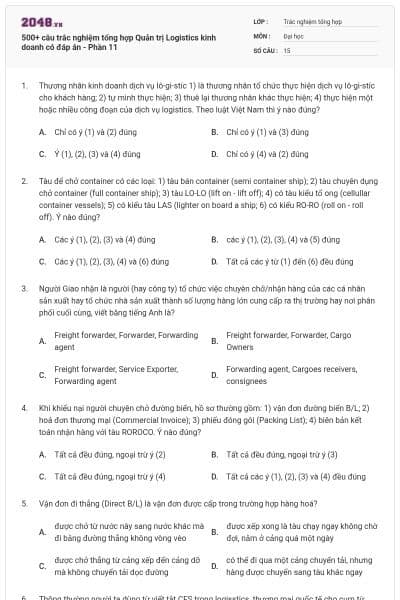 500+ câu trắc nghiệm tổng hợp Quản trị Logistics kinh doanh có đáp án - Phần 11
