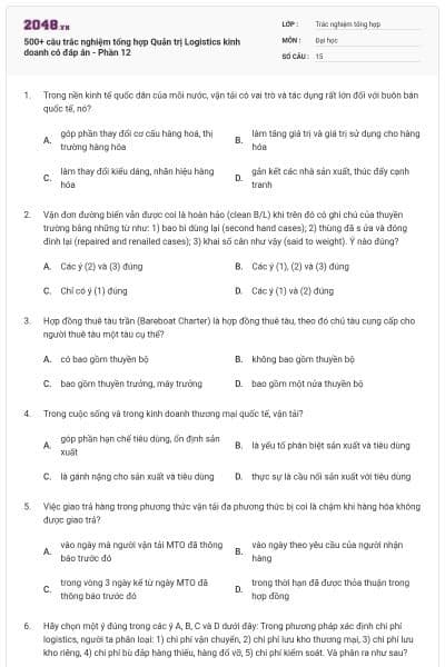 500+ câu trắc nghiệm tổng hợp Quản trị Logistics kinh doanh có đáp án - Phần 12