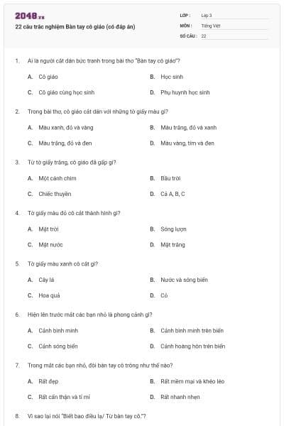 22 câu trắc nghiệm Bàn tay cô giáo (có đáp án)
