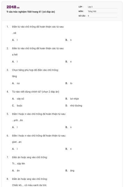 9 câu trắc nghiệm Viết trang 61 (có đáp án)