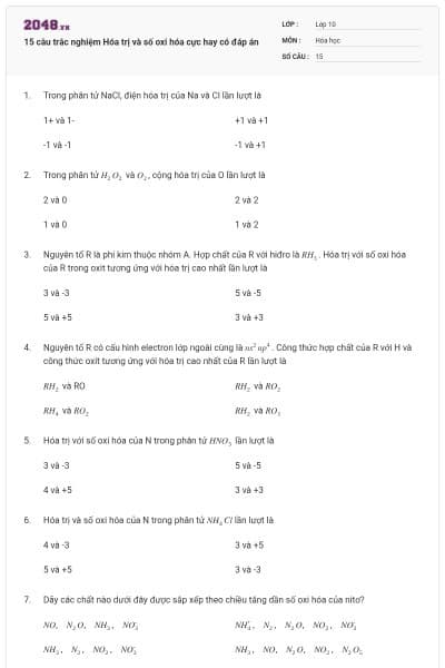 15 câu trắc nghiệm Hóa trị và số oxi hóa cực hay có đáp án