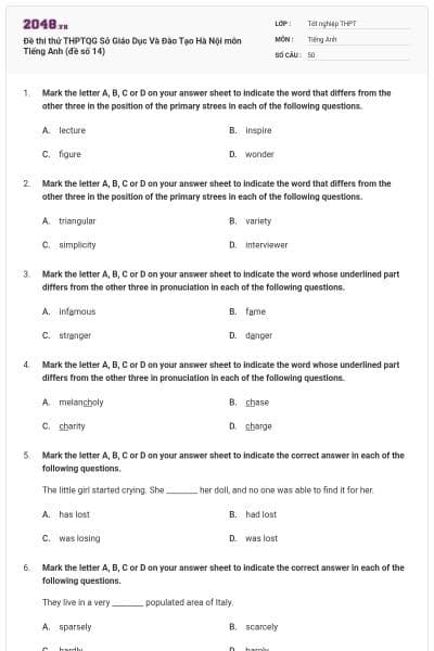 Đề thi thử THPTQG Sở Giáo Dục Và Đào Tạo Hà Nội môn Tiếng Anh (đề số 14)