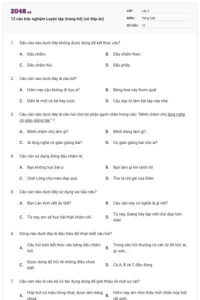 12 câu trắc nghiệm Luyện tập (trang 64) (có đáp án)