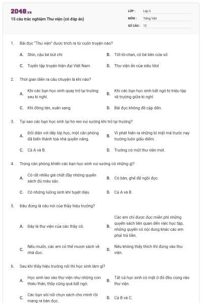 15 câu trắc nghiệm Thư viện (có đáp án)