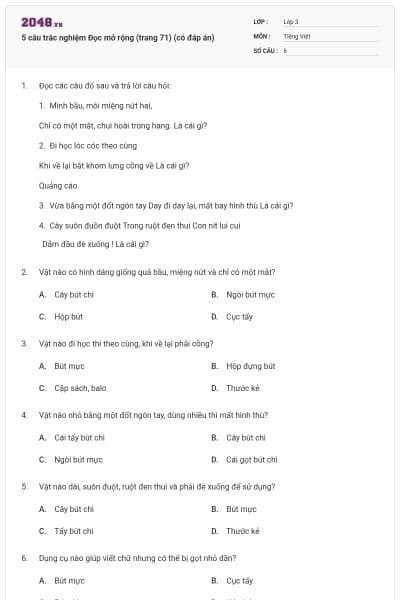 5 câu trắc nghiệm Đọc mở rộng (trang 71) (có đáp án)