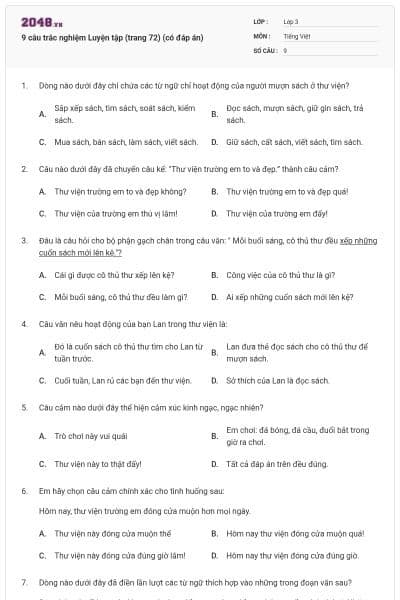 9 câu trắc nghiệm Luyện tập (trang 72) (có đáp án)