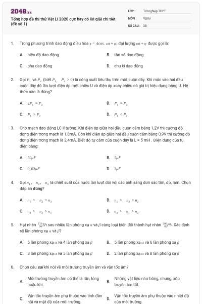 Tổng hợp đề thi thử Vật Lí 2020 cực hay có lời giải chi tiết (đề số 1)