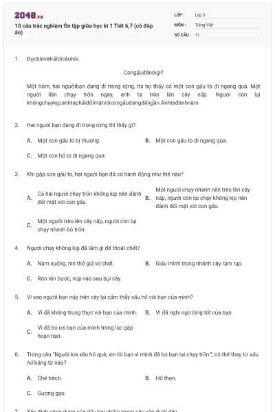 10 câu trắc nghiệm Ôn tập giữa học kì 1 Tiết 6,7 (có đáp án)