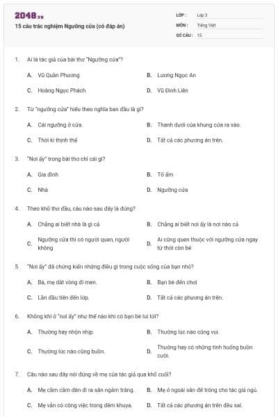 15 câu trắc nghiệm Ngưỡng cửa (có đáp án)