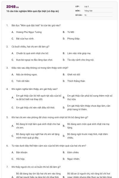 16 câu trắc nghiệm Món quà đặc biệt (có đáp án)