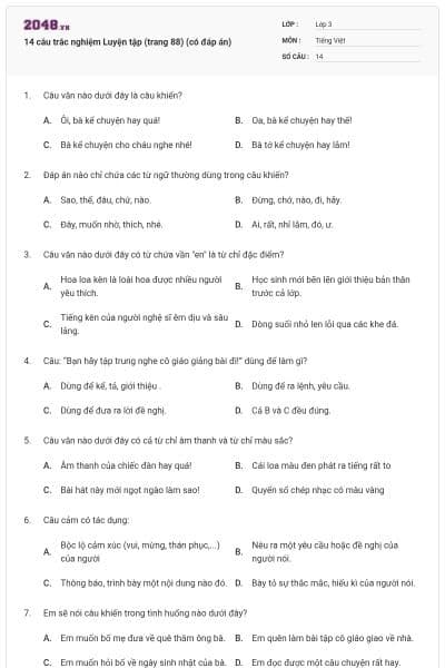 14 câu trắc nghiệm Luyện tập (trang 88) (có đáp án)