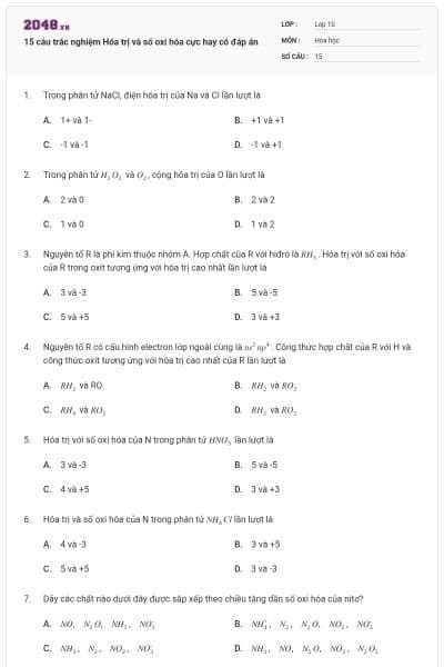 15 câu trắc nghiệm Hóa trị và số oxi hóa cực hay có đáp án