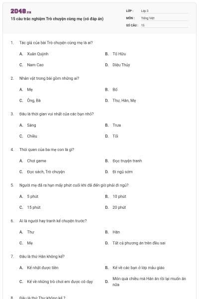 15 câu trắc nghiệm Trò chuyện cùng mẹ (có đáp án)