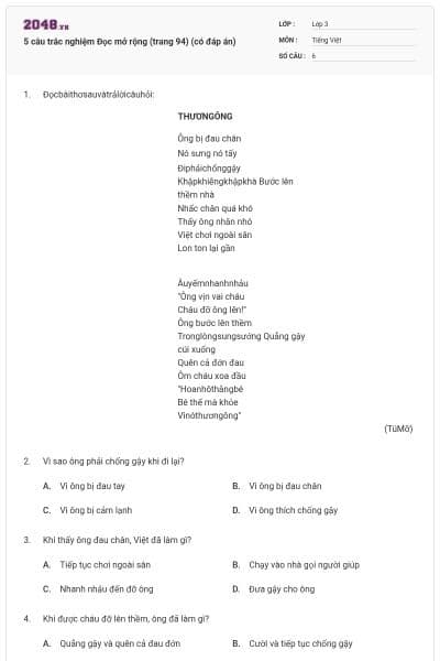5 câu trắc nghiệm Đọc mở rộng (trang 94) (có đáp án)
