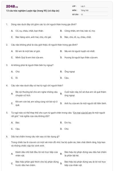 13 câu trắc nghiệm Luyện tập (trang 95) (có đáp án)