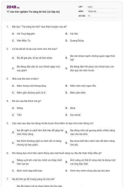 17 câu trắc nghiệm Tia nắng bé nhỏ (có đáp án)