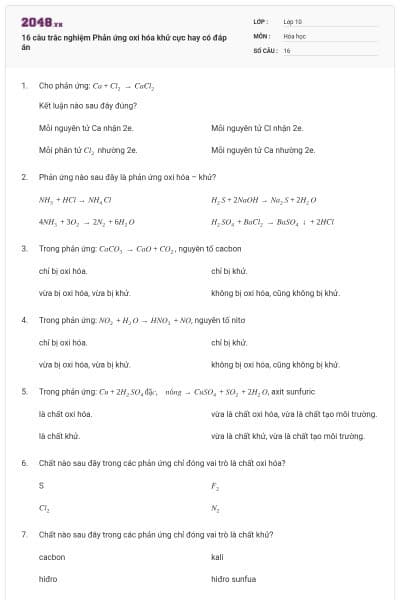 16 câu trắc nghiệm Phản ứng oxi hóa khử cực hay có đáp án