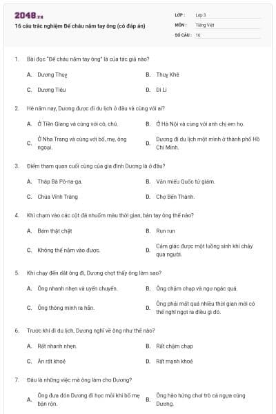 16 câu trắc nghiệm Để cháu nắm tay ông (có đáp án)