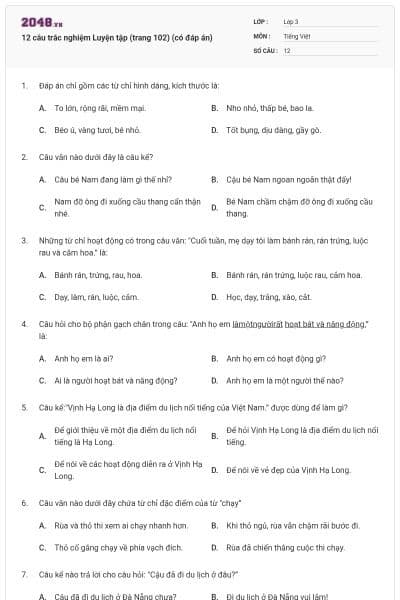 12 câu trắc nghiệm Luyện tập (trang 102) (có đáp án)