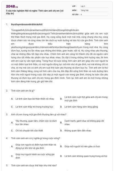 5 câu trắc nghiệm Nói và nghe: Tình cảm anh chị em (có đáp án)
