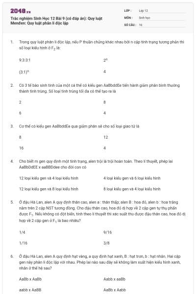 Trắc nghiệm Sinh Học 12 Bài 9 (có đáp án): Quy luật Menđen: Quy luật phân li độc lập