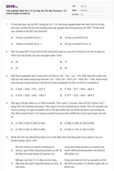 Trắc nghiệm Sinh Học 12 (có đáp án): Ôn tập Chương 1: Cơ chế di truyền và biến dị