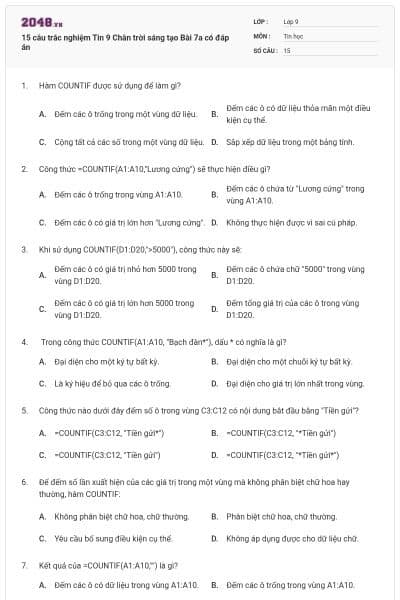 15 câu trắc nghiệm Tin 9 Chân trời sáng tạo Bài 7a có đáp án