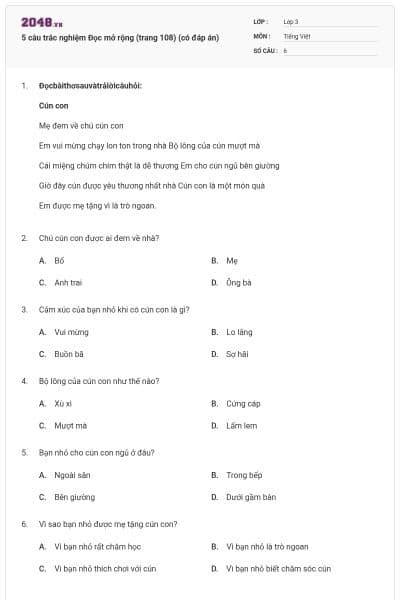 5 câu trắc nghiệm Đọc mở rộng (trang 108) (có đáp án)