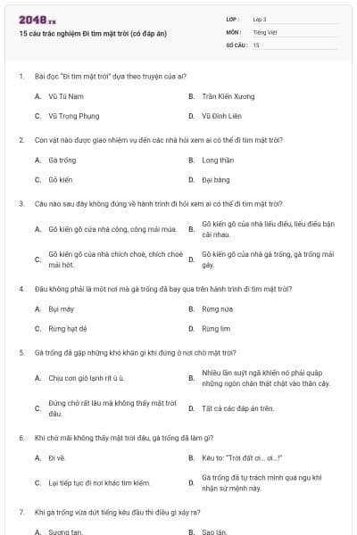 15 câu trắc nghiệm Đi tìm mặt trời (có đáp án)