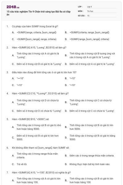 15 câu trắc nghiệm Tin 9 Chân trời sáng tạo Bài 8a có đáp án