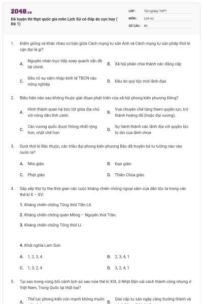 Đề luyện thi thpt quốc gia môn Lịch Sử có đáp án cực hay ( Đề 1)