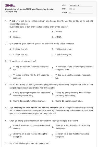 Đề minh họa tốt nghiệp THPT môn Sinh có đáp án năm 2025 (Đề 75)