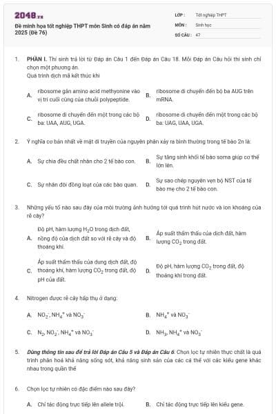 Đề minh họa tốt nghiệp THPT môn Sinh có đáp án năm 2025 (Đề 76)