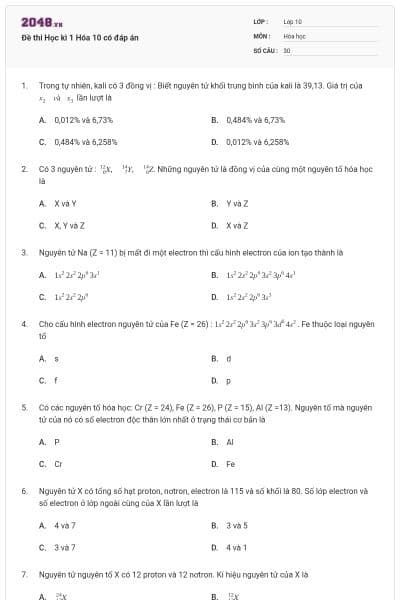 Đề thi Học kì 1 Hóa 10 có đáp án