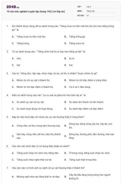 10 câu trắc nghiệm Luyện tập (trang 142) (có đáp án)