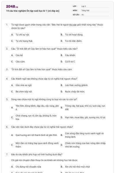 14 câu trắc nghiệm Ôn tập cuối học kì 1 (có đáp án)