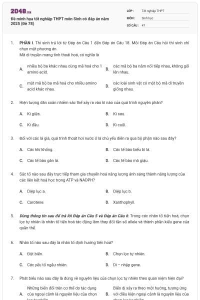 Đề minh họa tốt nghiệp THPT môn Sinh có đáp án năm 2025 (Đề 78)